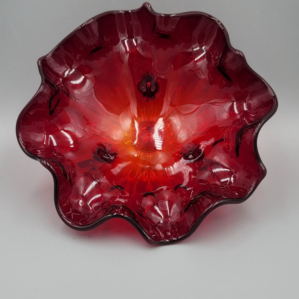 Ruby Red Glass 3 Foot Trinket Candy Dish 7"